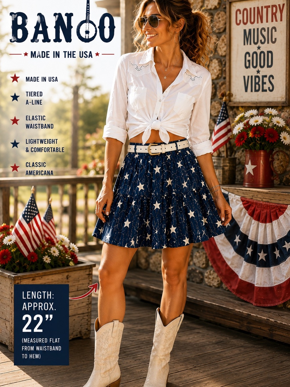 VTG Banjo USA Patriotic Star Tiered Prairie Skirt Western Cottagecore Size Large